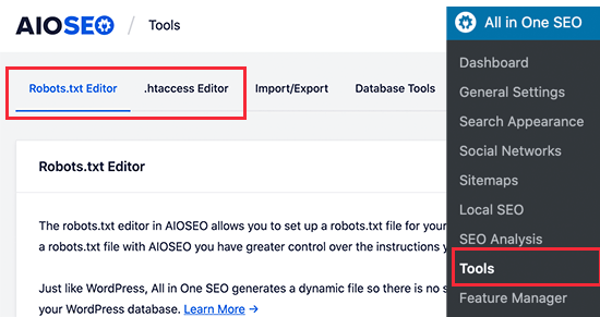 AIOSEO 中的 Robots.txt 和 .htaccess 文件编辑器 如何为 WordPress 正确设置 All in One SEO(终极指南)