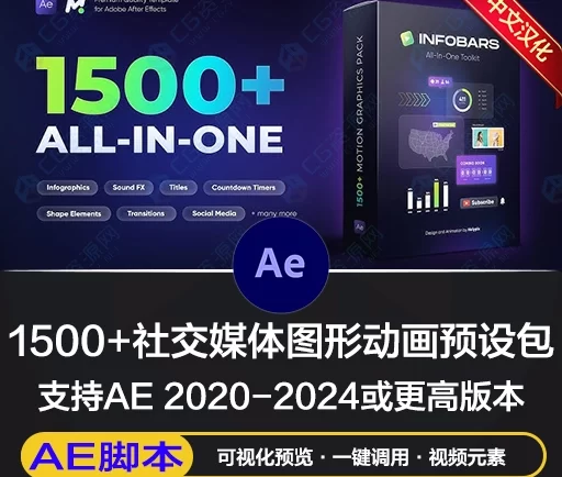 中文汉化AE脚本|1500组社交媒体数据图表倒计时文字标题过渡转场音效图形动画预设包 Motion Bro 4 Motion Graphics Pack V1