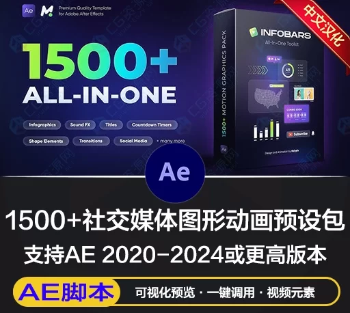 中文汉化AE脚本|1500组社交媒体数据图表倒计时文字标题过渡转场音效图形动画预设包 Motion Bro 4 Motion Graphics Pack V1