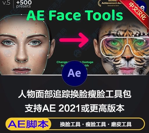 AE脚本|人脸面部跟踪合成换脸表情美颜变形美容滤镜特效插件预设 AE Face Tools V5.2 + 使用教程